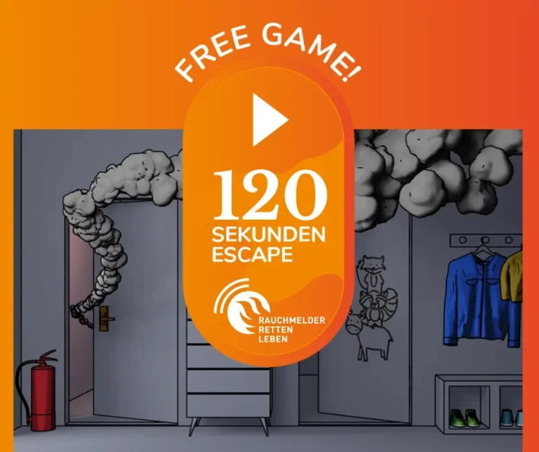 Raum mit Rauch, Feuerlöscher und Kleidung, Werbung für ein Escape-Game.