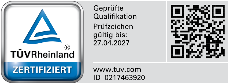 TÜV Rheinland Zertifikat mit Prüfungshinweis und Gültigkeitsdatum bis 27.04.2025.