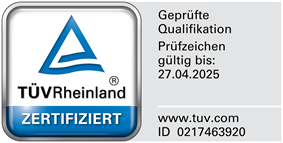 TÜV Rheinland Zertifikat mit Prüfungshinweis und Gültigkeitsdatum bis 27.04.2025.